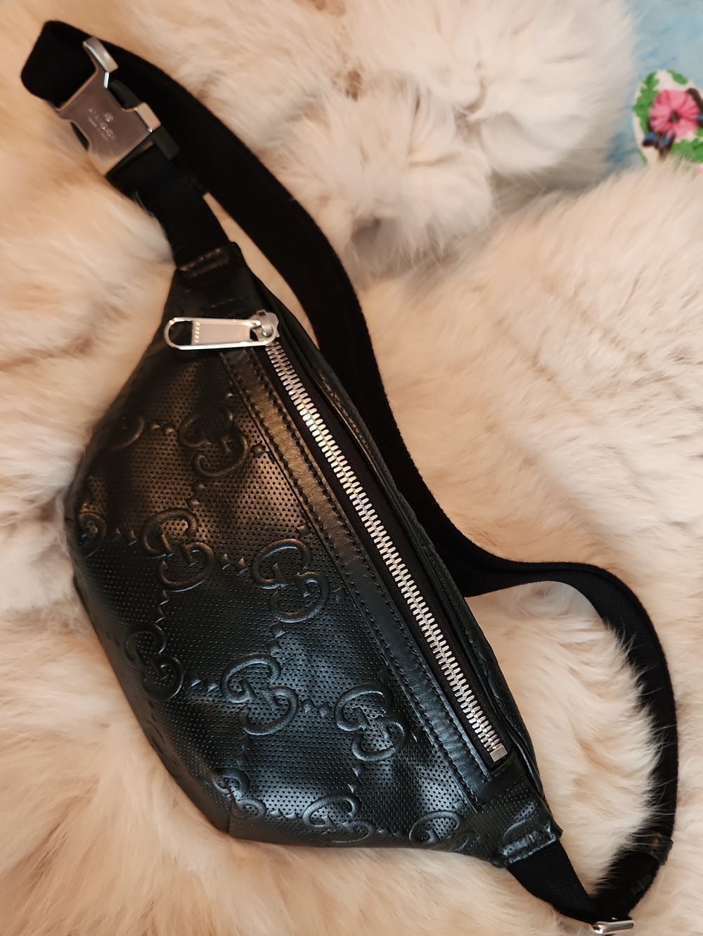 Gucci Black Embossed Leather Belt Bag with Silver Hardware, Mint Condition.